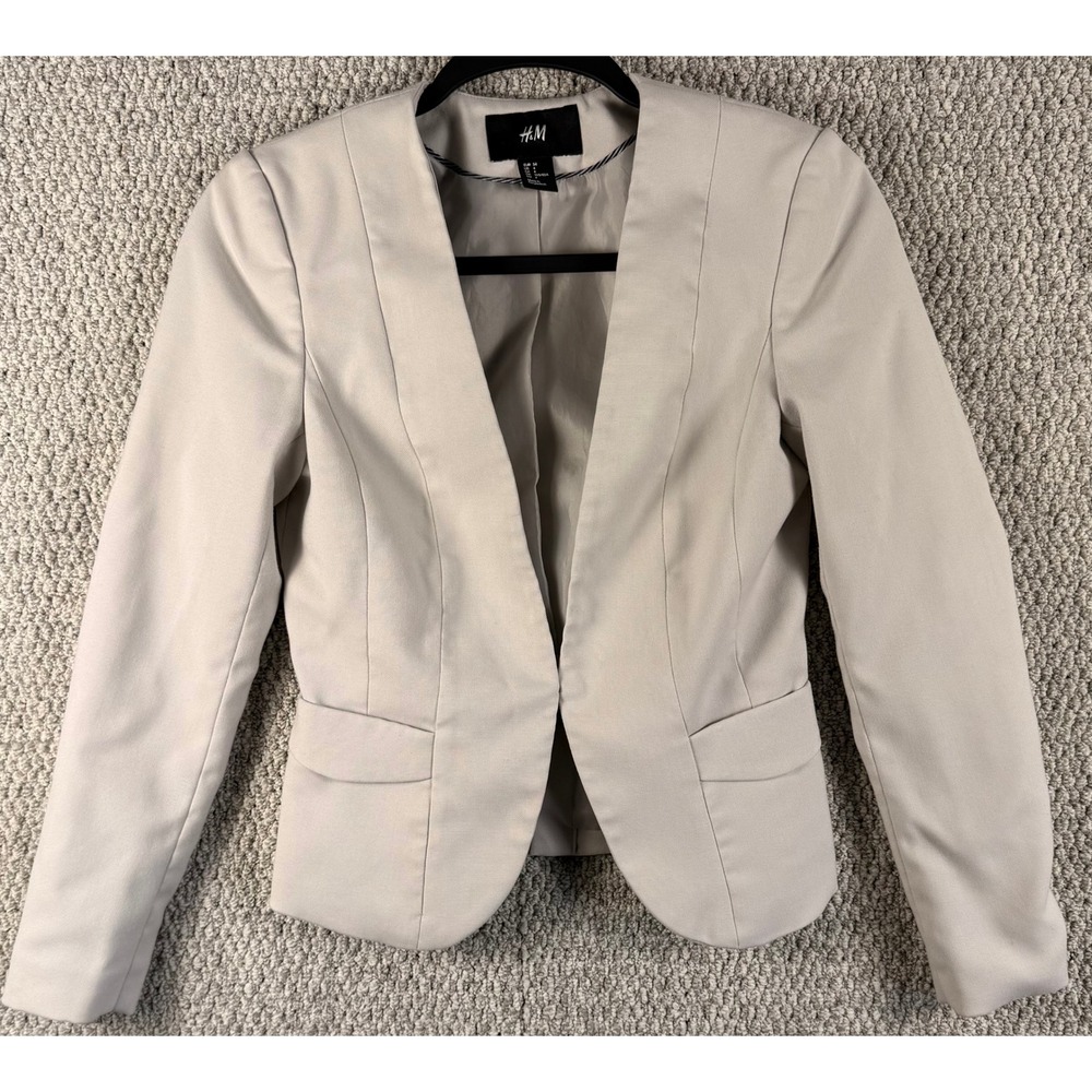 H&M Blazer Jacket Size 4 Tan Beige Open Front Collarless Cropped Office Career